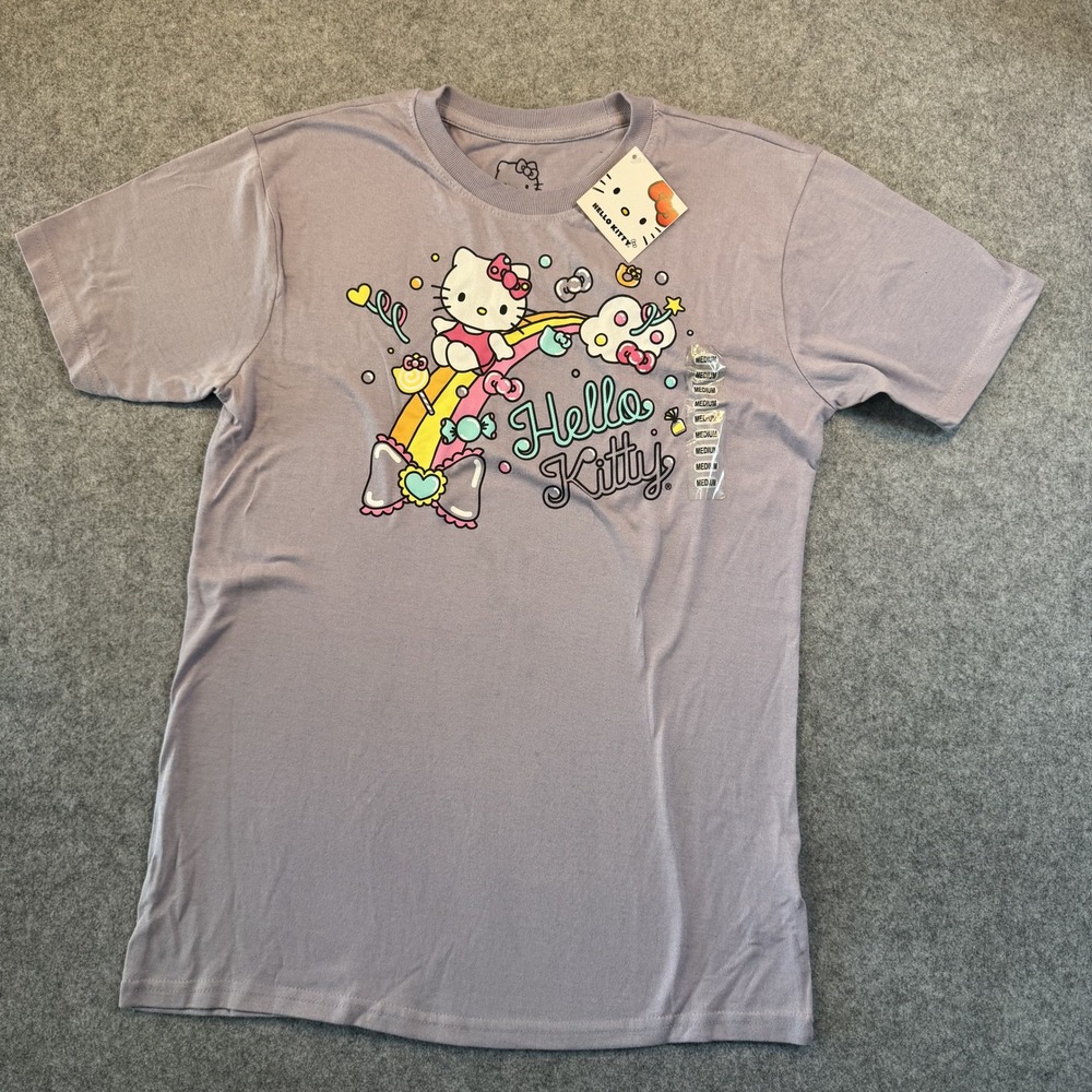 Hello Kitty Rainbow Graphic T-Shirt Medium Lavender Cotton Blend NWT